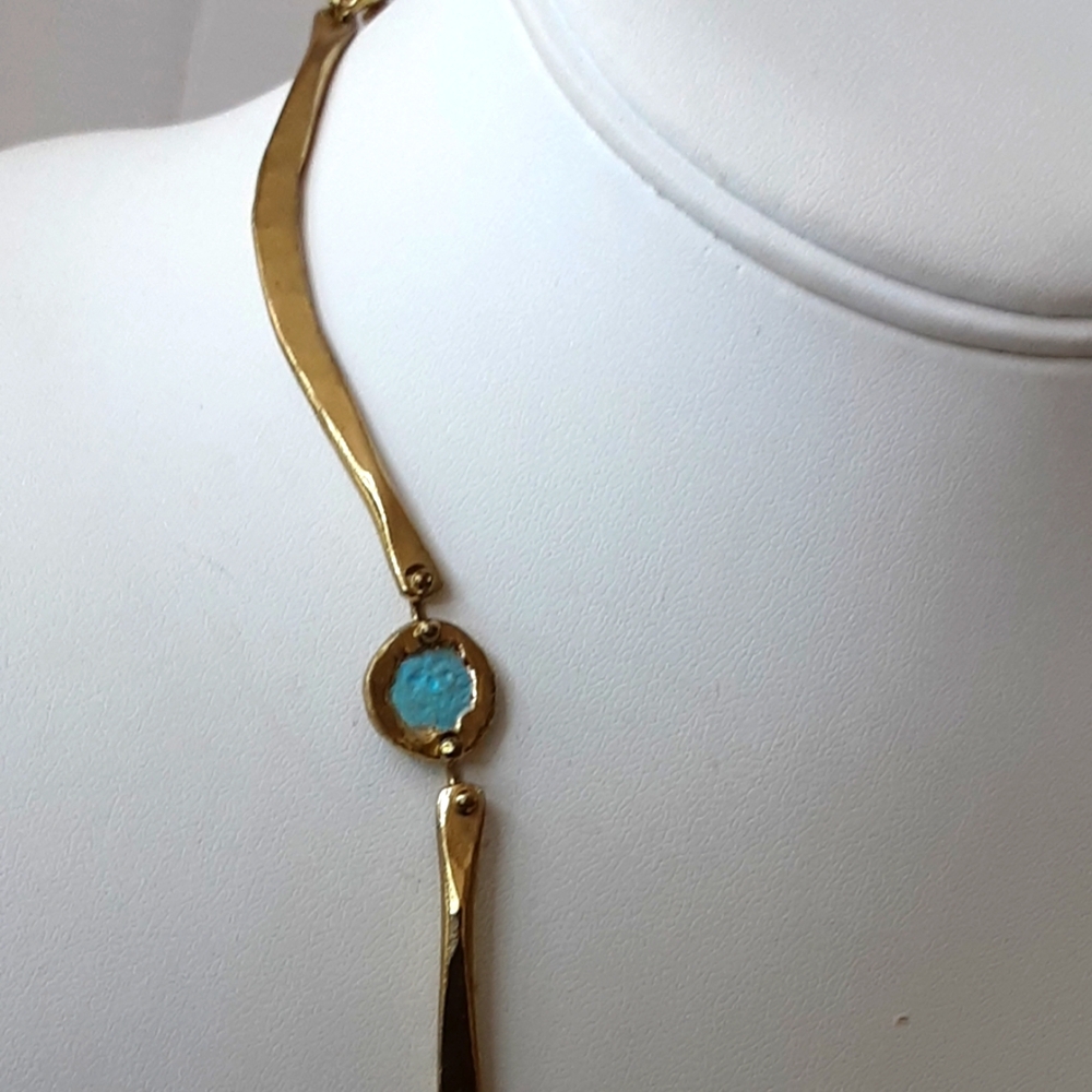 ANNE DICK Modernist|Brutalis Hammered Bronze Tiffany Blue Inlay Pendant Necklace - Picture 5 of 10